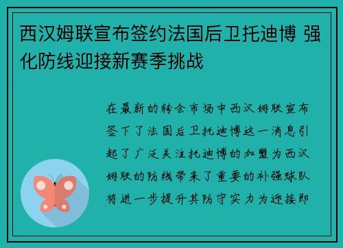 西汉姆联宣布签约法国后卫托迪博 强化防线迎接新赛季挑战