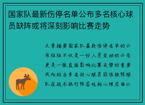 国家队最新伤停名单公布多名核心球员缺阵或将深刻影响比赛走势