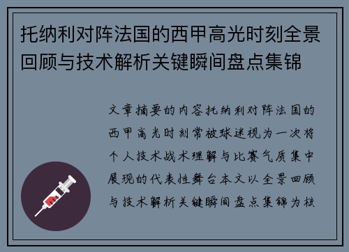 托纳利对阵法国的西甲高光时刻全景回顾与技术解析关键瞬间盘点集锦